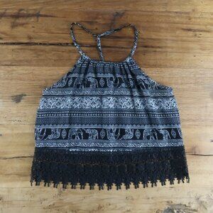 LA HEARTS BLACK WITH INDIA ELEPHANT PRINT SUMMER SLEEVELESS TOP SIZE XS
